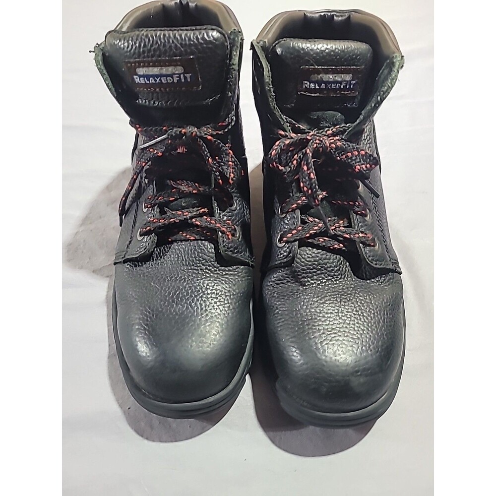 Skechers Relaxed Fit Steel Toe Black Leather Boots Men Size 9.5 Model 77009